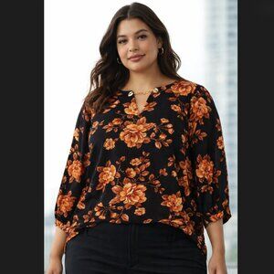 Torrid Floral Blouse 0X 12 Black Orange Crepe Chain Link Keyhole 3/4 Sleeve EUC